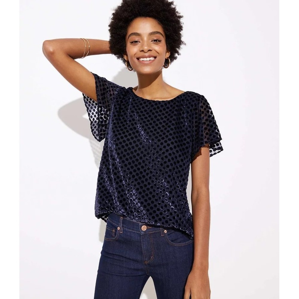 (A8) LOFT Navy‎ Blue Velvet Burnout Polka Dot Flutter Sleeve Blouse Top Medium